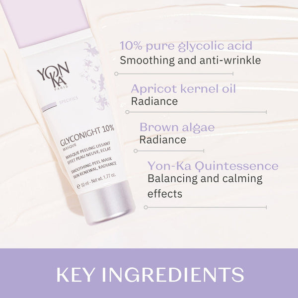 GlycoNight 10% Peel Masque | Yon-Ka Paris tube displayed with key ingredients including 10% pure glycolic acid for smoothing and anti-wrinkle, apricot kernel oil and brown algae for radiance, and Yon-Ka Quintessence for balancing and calming effects.