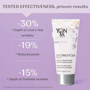 GlycoNight 10% Peel Masque | Yon-Ka Paris tube with product benefits showing 30% reduction in crow’s feet wrinkles, 19% reduced pores, and 15% decrease in forehead wrinkles, promoting skincare and radiance.