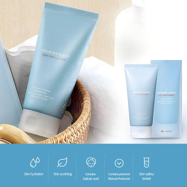Calming Clear Acne Foam Cleanser | Leaders in a light blue tube displayed in a woven basket with cotton towels, highlighting skincare benefits like hydration, soothing, and safety testing.