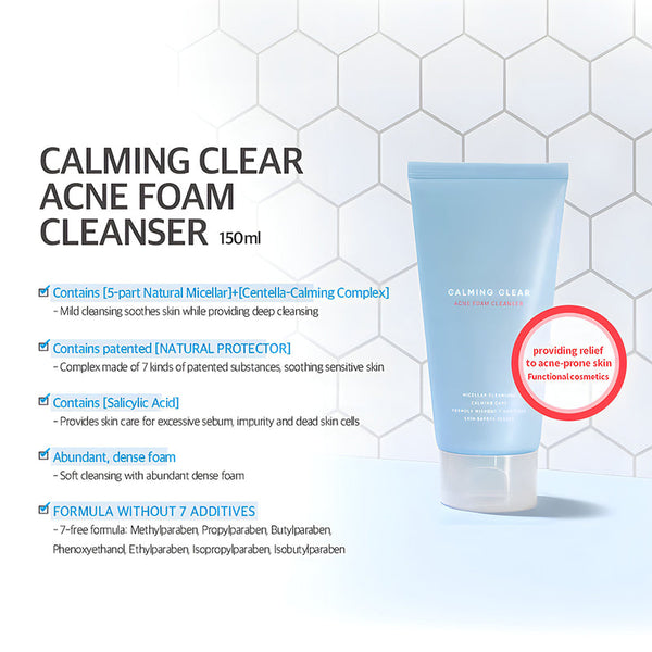 Tube of Calming Clear Acne Foam Cleanser | Leaders in light blue packaging displayed next to text highlighting its natural micellar formula, patented protector, salicylic acid, dense foam, and additive-free skincare benefits.