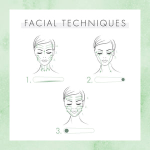 Illustration showing three facial massage techniques using "My Massage Crystal - Aventurine Crystal Massage Wands | Yon-Ka Paris" with directional arrows guiding skin care and wellness application steps.