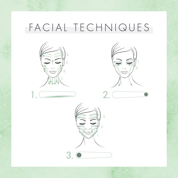 Illustration showing three facial massage techniques using "My Massage Crystal - Aventurine Crystal Massage Wands | Yon-Ka Paris" with directional arrows guiding skin care and wellness application steps.
