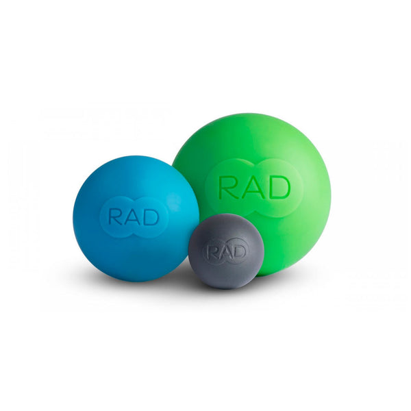Set of three colorful RAD Rounds - 3 Set | RAD massage and recovery balls in green, blue, and gray for body care and wellness therapy.