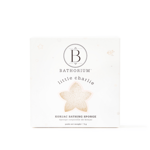 Packaging of little charlie™ Konjac Sponge | Bathorium showing a white box with star-shaped cutout revealing natural konjac bathing sponge inside, designed for gentle skincare and body care.