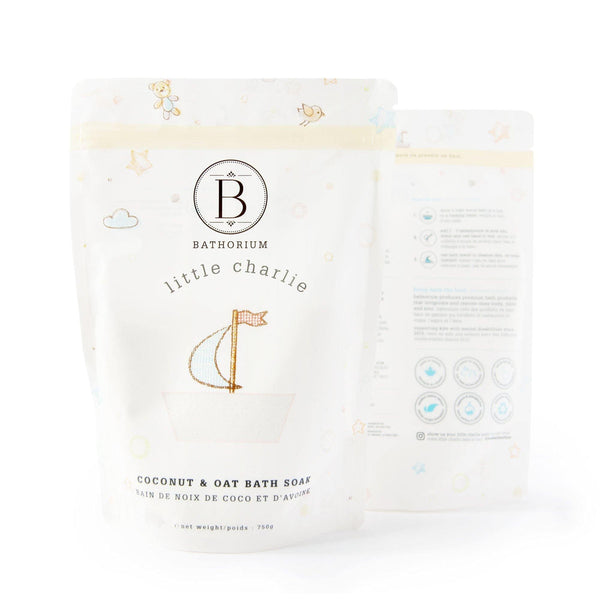 Packaging of little charlie™ Kids Bath Soak 750g | Bathorium featuring coconut and oat bath soak in a soft pastel design with playful illustrations for gentle skincare and wellness.