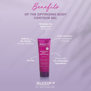 Tube of Optimizing Body Contour Gel | Alchimie Forever in purple packaging surrounded by text highlighting benefits like minimizing cellulite, reducing water retention, firming skin, being oil-free, and containing 9% caffeinated ingredients for skincare a