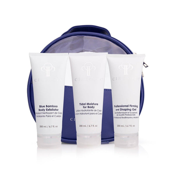 Three skincare tubes labeled Blue Bamboo Body Exfoliator, Tidal Moisture for Body, and Professional Firming and Shaping Gel arranged in front of a purple cosmetic bag for the Body Regimen Bundle | Circadia