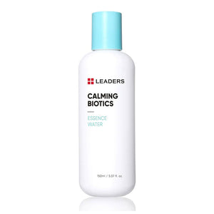 Bottle of Calming Biotics Essence Water | Leaders with a light blue cap, designed for skincare and soothing hydration.