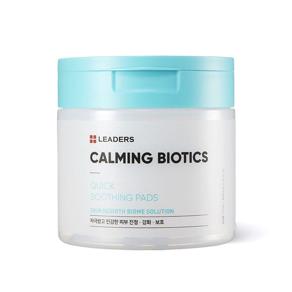 Container of Calming Biotics Quick Soothing Pads | Leaders with a light blue lid, designed for gentle skincare and soothing sensitive skin.