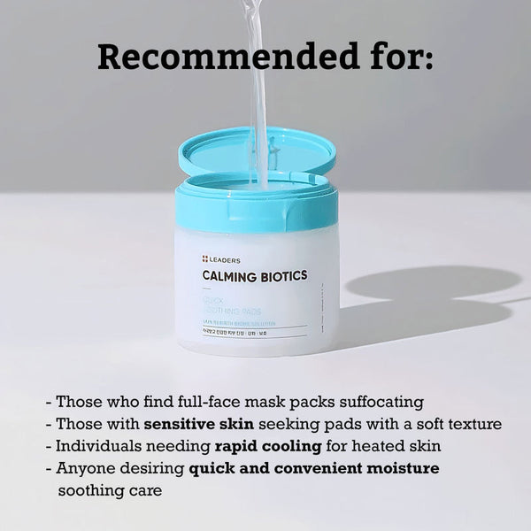 Calming Biotics Quick Soothing Pads | Leaders jar with clear liquid being poured, recommended for sensitive skin, rapid cooling, and quick moisture soothing in skincare routine.