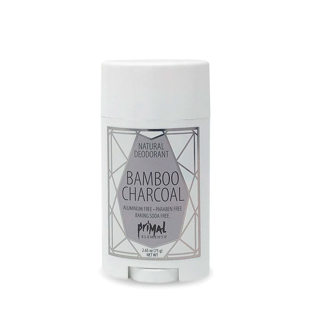 Natural Deodorant 2.65 oz. - BAMBOO CHARCOAL | Primal Elements in a white stick container with silver geometric label, featuring aluminum-free and paraben-free body care for skincare wellness.