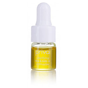Small clear glass bottle with white dropper cap containing yellow oil labeled Clarifying Face & Body Oil | Privai for skincare and body care wellness.