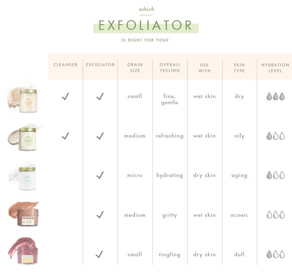 Comparison chart of exfoliators showing different products with details on cleanser and exfoliator use, grain size, overall feeling, recommended skin type, and hydration level, featuring Illumination Fruit Professional Strength Brightening Fruit Acid Peel