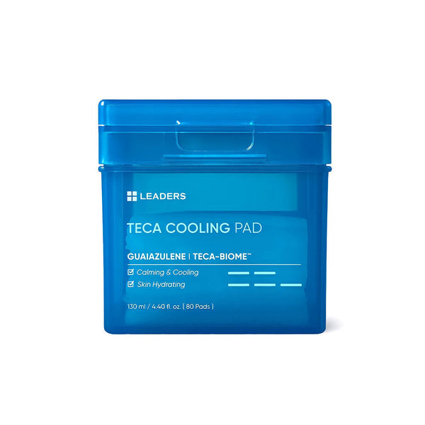 Blue container of Teca Cooling Pad | Leaders with branding and product benefits for calming, cooling, and skin hydrating visible on the label.