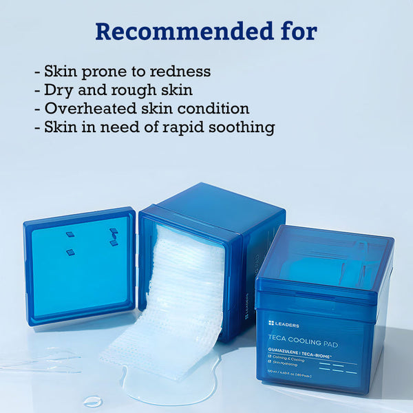 Open blue container with translucent cooling pads spilling out beside a closed container of Teca Cooling Pad | Leaders, shown with text listing benefits for redness, dry skin, overheating, and rapid soothing.