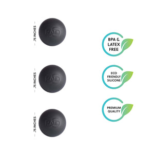 Three black Micro Rounds | RAD massage balls made from eco-friendly silicone, measuring 0.75 inches each, accompanied by icons indicating BPA and latex free, eco friendly silicone, and premium quality.