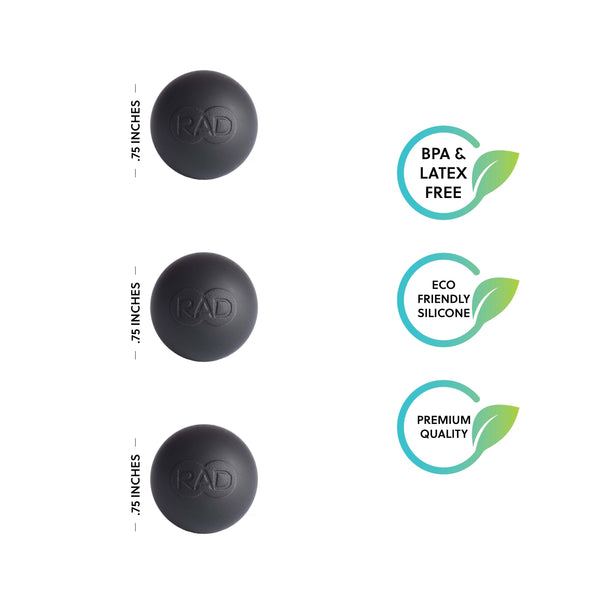 Three black Micro Rounds | RAD massage balls made from eco-friendly silicone, measuring 0.75 inches each, accompanied by icons indicating BPA and latex free, eco friendly silicone, and premium quality.