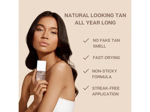 Woman holding Face Tan Water - Dark | NUDA bottle with text highlighting natural looking tan, no fake tan smell, fast-drying, non-sticky formula, and streak-free application.