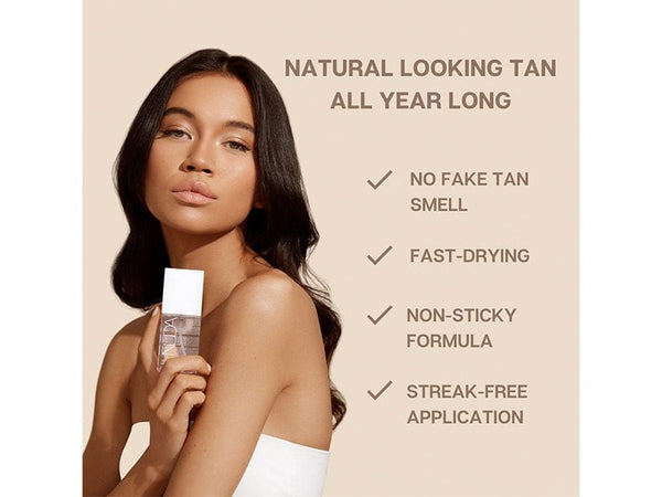 Woman holding Face Tan Water - Dark | NUDA bottle with text highlighting natural looking tan, no fake tan smell, fast-drying, non-sticky formula, and streak-free application.