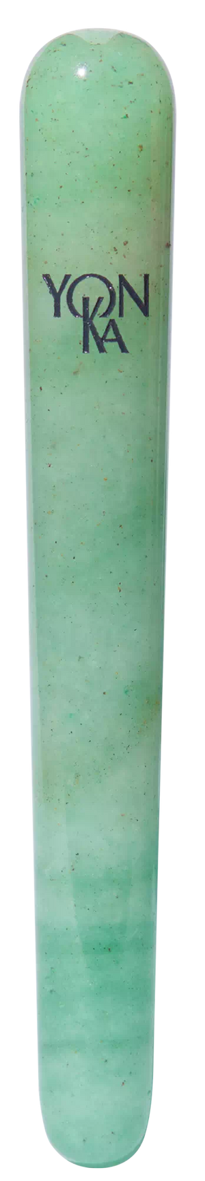Green aventurine crystal massage wand with Yon-Ka Paris logo, designed for skincare and wellness in My Massage Crystal - Aventurine Crystal Massage Wands | Yon-Ka Paris.