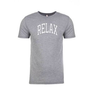 Gray short-sleeve casual tee with "RELAX" printed in collegiate style on the front, featured as the RELAX Collegiate Unisex T-Shirt | Lucky Owl.
