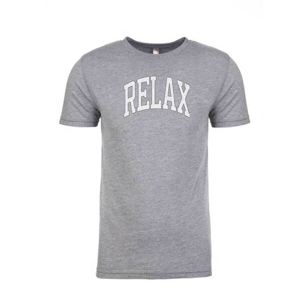 Gray short-sleeve casual tee with "RELAX" printed in collegiate style on the front, featured as the RELAX Collegiate Unisex T-Shirt | Lucky Owl.