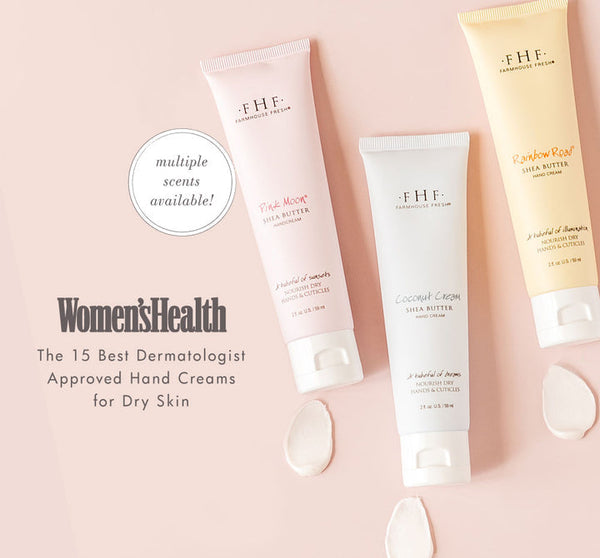 Skin Saviors Shea Butter Sampler | Farmhouse Fresh featuring three tubes of shea butter hand creams in pastel pink, white, and yellow with cream swatches on a light background, promoting skincare for dry skin.