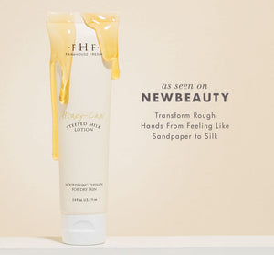 Tube of Honey-Chai Steeped Milk Lotion® for Hands | Farmhouse Fresh with honey dripping down, promoting skincare that transforms rough hands into silky smooth skin.