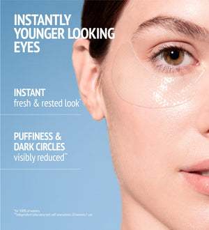 Close-up of a woman's face showing a transparent under-eye patch applied beneath her right eye, promoting the Sublime Skin Eye Patch | [ comfort zone ] for reducing puffiness and dark circles with an instantly fresh and rested look.