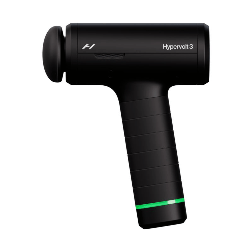 Black handheld percussion massage device with a rounded attachment and green light ring near the base, labeled Hypervolt 3 | Hyperice for muscle recovery and wellness.