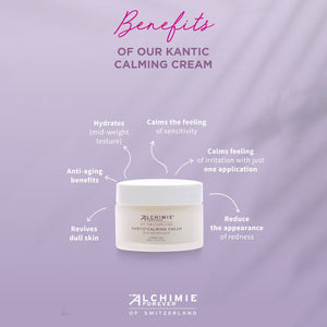 Kantic® Calming Cream | Alchimie Forever in a white jar on a light purple background highlighting benefits like hydration, anti-aging, reducing redness, and calming sensitivity.