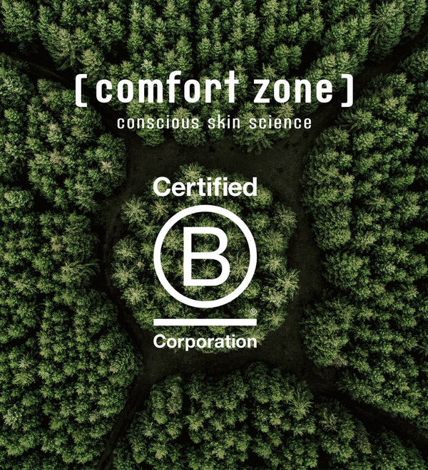 Aerial view of a dense green forest with the text "comfort zone conscious skin science Certified B Corporation" overlayed, symbolizing eco-friendly skincare values for Hydramemory Water Source Serum | [ comfort zone ].