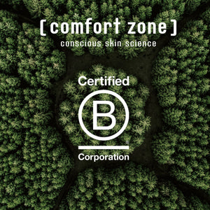 Aerial view of a dense green forest with text overlay reading "[ comfort zone ] conscious skin science Certified B Corporation," promoting sustainable skincare with Sacred Nature Hydra Cream | [ comfort zone ].