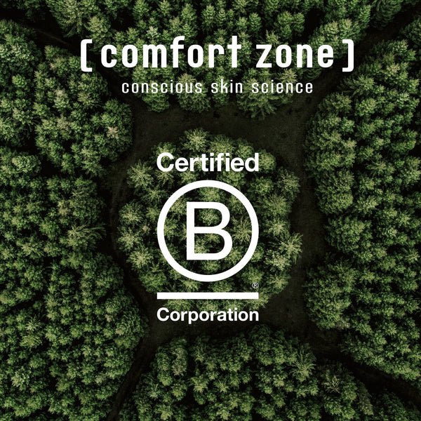 Aerial view of a dense green forest with text overlay reading "[ comfort zone ] conscious skin science Certified B Corporation," promoting sustainable skincare with Sacred Nature Hydra Cream | [ comfort zone ].
