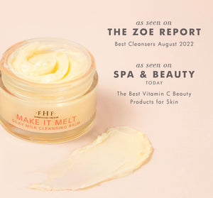 Open jar of Make it Melt Silky Milk Cleansing Balm | Farmhouse Fresh with creamy balm swatched beside it and text highlighting beauty report features.