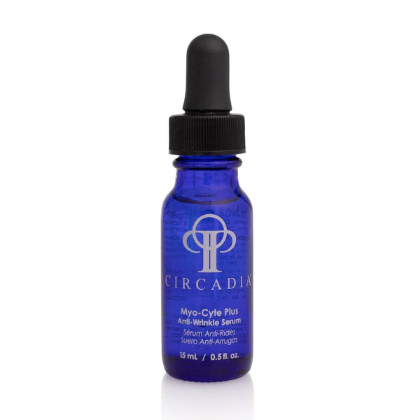Blue glass dropper bottle of Myo-Cyte Plus | Circadia anti-wrinkle serum for skincare and body care.