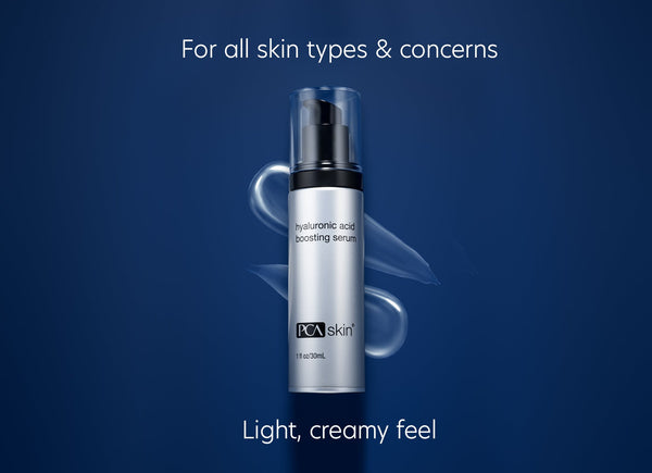 Hyaluronic Acid Boosting Serum | PCA Skin in a sleek silver bottle with black pump on a deep blue background, highlighting its light, creamy texture for all skin types and concerns.
