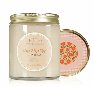 One Fine Day Flawless Face Polish | Farmhouse Fresh in a glass jar with a gold lid, featuring shea sugar formula for gentle skincare and exfoliation.