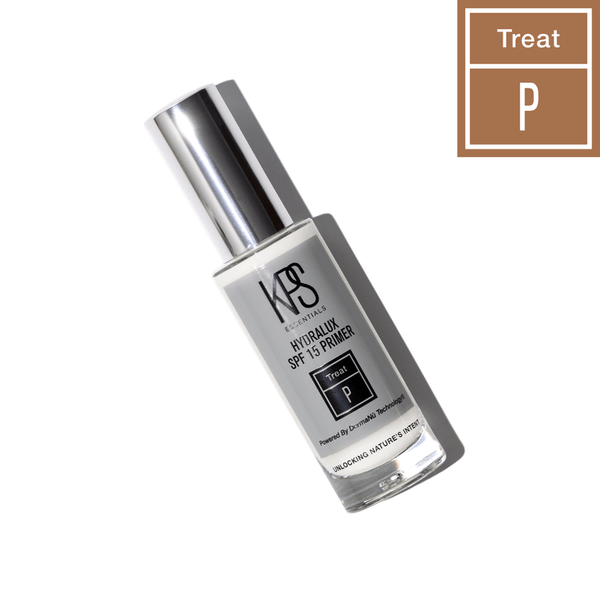 Hydralux SPF 15 Primer | Kindness Powered Skincare in a sleek glass bottle with silver cap, designed for skincare and sun protection with advanced treatment formula.