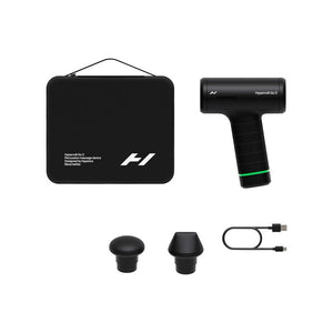 Hypervolt Go 3 | Hyperice percussion massage device with two interchangeable heads, USB charging cable, and carrying case for portable muscle recovery and wellness care.