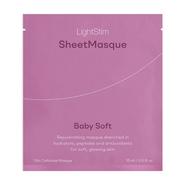 LightStim SheetMasque | LightStim in a pink packet designed for skincare, offering a rejuvenating treatment with hydrators, peptides, and antioxidants for soft, glowing skin.