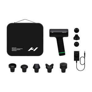 Compact black Hypervolt 3 | Hyperice massage device with five interchangeable heads, a charging adapter with multiple plugs, and a sleek black carrying case for recovery and wellness.