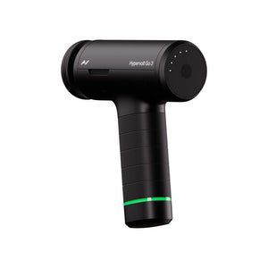 Black handheld percussion massage device with ergonomic grip and LED indicator light, designed for muscle recovery and wellness, labeled Hypervolt Go 3 | Hyperice.