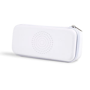 White zippered carrying case with circular dot design, designed to protect and store the LightStim For Wrinkles | LightStim skincare device and accessories.