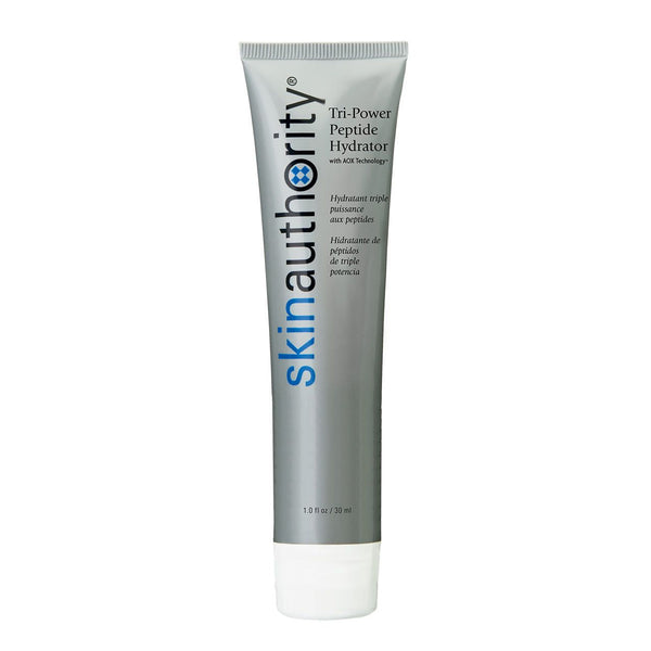 Tube of Tri-Power Peptide Hydrator | Skin Authority skincare product with gray packaging and blue and black text, designed for moisturizing and revitalizing skin.