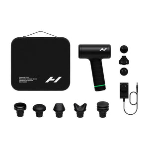 Hypervolt 3 Pro | Hyperice massage device with multiple interchangeable heads, charging adapter, and black carrying case for recovery and wellness use.