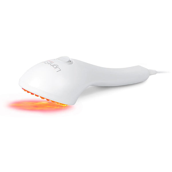 White handheld skincare device with glowing red light therapy in use, designed for facial treatment, labeled LightStim For Wrinkles | LightStim.