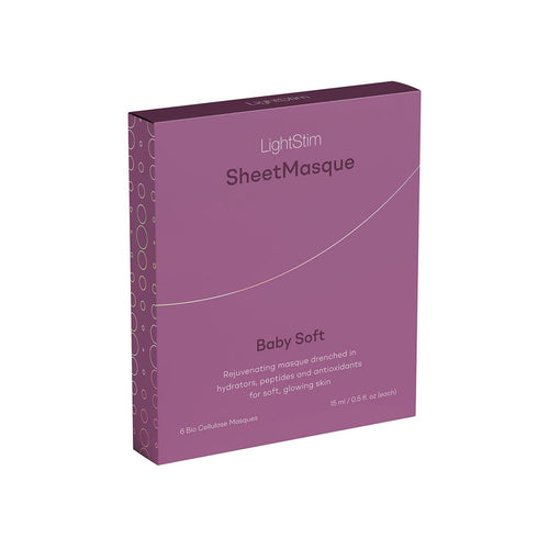 Packaging of LightStim SheetMasque | LightStim in soft purple with subtle circular patterns, highlighting a skincare masque designed for rejuvenation and glowing skin.
