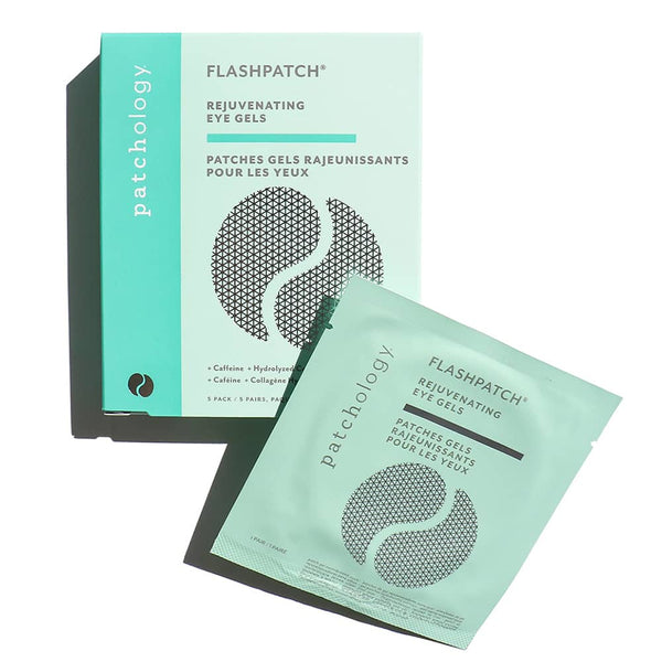 Packaging of FLASHPATCH® REJUVENATING EYE GELS | Patchology in mint green with black text and geometric design, showcasing skincare eye gel product for rejuvenation and hydration.