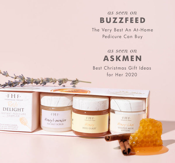 Fast Foot Revival Pedi Delight Sampler | Farmhouse Fresh with honey lavender sea salt scrub, honey heel glaze, steffid milk lotion, and natural ingredients for skincare and body care wellness.